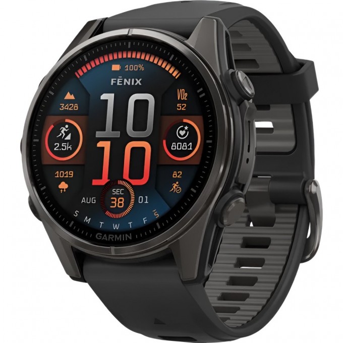 Смарт-часы GARMIN FENIX 8 – 43 мм, AMOLED Sapphire, титан с DLC-покрытием Carbon Gray и силиконовым ремешком черного/серого цвета 010-02903-21